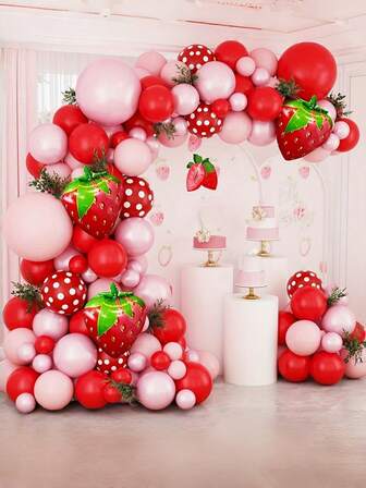 126 件红色草莓形拱形气球套装 - 红色和粉色乳胶气球和草莓铝箔气球，适合男孩和女孩的生日、婴儿派对、聚会、婚礼、订婚、周年纪念、毕业典礼、可爱派对女孩、红色水果主题生日派对装饰、情人节、新年房间背景装饰套装拱形气球。