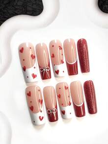 10pcs Valentine's Day Red Glitter Nail Art Set, Includes Handpainted Bow Nail Stickers, French Manicure Nail Stickers, Handmade Red Heart False Nails, White Nail Glue, Red Nail Polish, Comes With Nail Tools, 3 Sizes Available: Almond, Duck Mouth, Coffin Shape, Suitable For Party, Valentine's Day, Wedding, Casual & Daily Wear - 彩色 - 查看 4