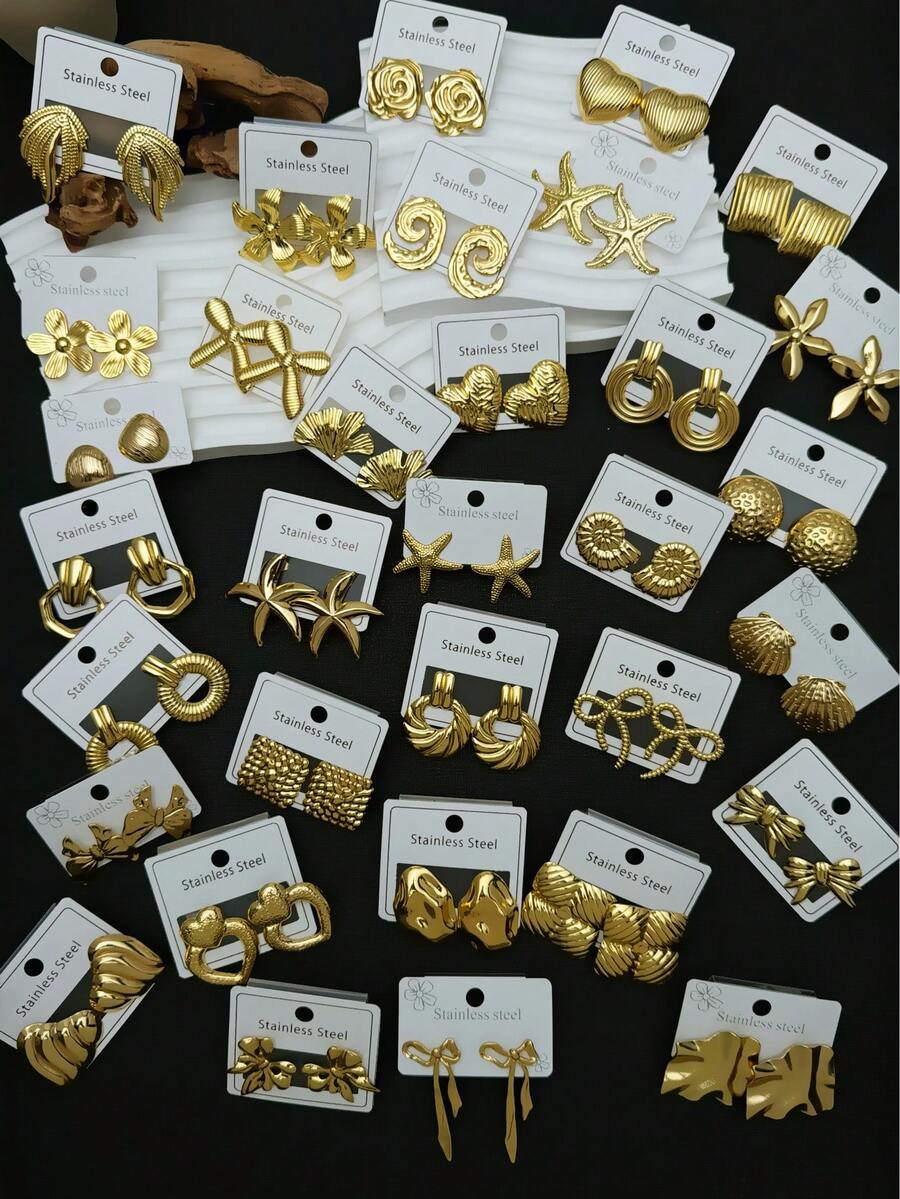 24 chiếc/12 đôi bông tai bằng thép không gỉ hình trái tim/lá/cánh, không gây dị ứng, nhiều kiểu dáng khác nhau, thích hợp cho nữ đeo hàng ngày (Giao hàng ngẫu nhiên) - Nhiều màu - Xem 1