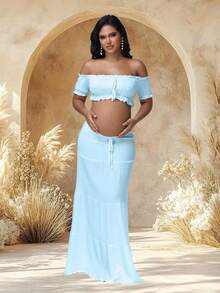 JustVH 2pcs Maternity Off-Shoulder Ruffle Hem Crop Top And Flowing Maxi Skirt Set, Suitable For Photography And Beach Wear Spring - Baby Blue - View 1
