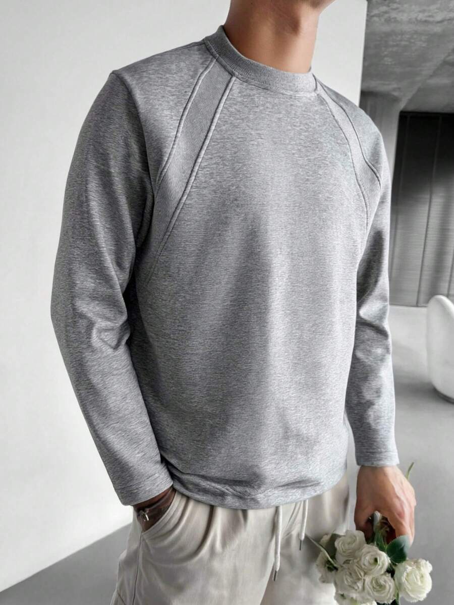 男士灰色针织卫衣T恤，圆领设计，质感面料，抗起球抗皱，休闲百搭，可机洗，复古风格 - 灰色 - 查看 1