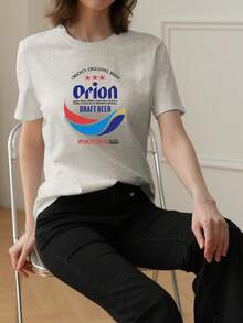 女士休闲啤酒日文印花圆领短袖T恤，时尚百搭，适合夏季 - 淺灰 - 查看 3