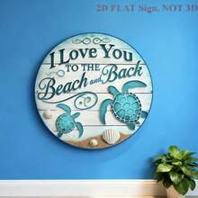 1pc Blue Ocean & Turtle Metal Tin Sign, 'I Love You To The Beach And Back', Therapeutic Round 8*8 Inch Aluminum Sign 2D Flat, Aesthetic Gift For Those Who Like Ocean Style Or Express Love - Multicolor - View 5