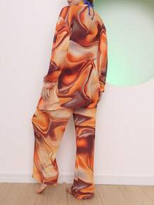 Printed Tulle Beach Cover-Up Shirt And Pants Set - Orange - View 4