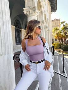 OQQ 3 Piece Bodysuits For Women Sexy Ribbed Strappy Square Neck Stretch Tank Tops Bodysuits - 酪梨綠,香芋紫,玫瑰米,糖果粉,火龍果色,太陽花白 - 查看 7