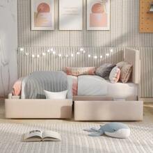 Upholstered Bed 90 X 200 Cm, Slatted Bed With Headboard And Two Drawers, Soft Velvet Fabric, Beige Single Bed, Children's Bed, Junior Bed, Guest Bed (Without Mattress) - Dark Beige - View 5