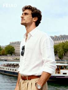 Áo sơ mi nam cổ bẻ cài cúc, màu trơn, chất liệu vải lanh, lấy cảm hứng từ họa tiết đồng xu cổ điển, kiểu dáng thanh lịch, phù hợp cho mọi mùa, dễ dàng tạo nên phong cách thời trang. - trắng - Xem 3