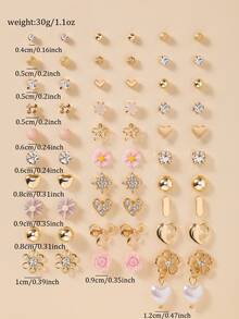 30pcs/Set Women's Fashion Earrings Set, Rhinestone, Metal, Faux Pearl, Cute Flower, Bow, Heart Shaped, Casual, Daily Wear, Simple Jewelry Gift - Multicolor - View 5