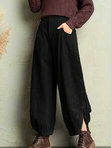 女士长裤，复古风格，灯芯绒纯色工装裤，适合日常穿着，四季皆宜，办公着装 - 黑色 - 查看 11