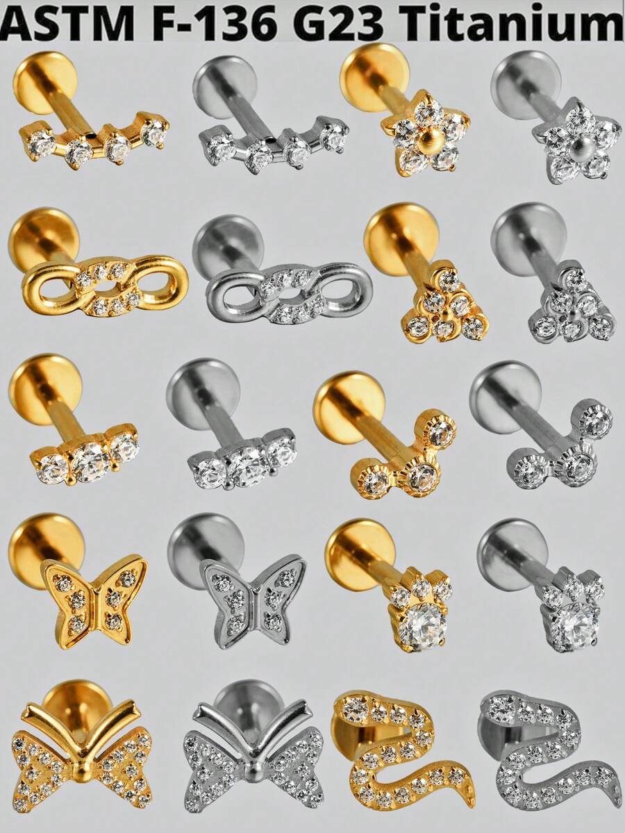 1PC G23 Titanium Cz Butterfly Lip Studs 16G Internal Thread Snake/Flower Ear Helix Tragus Cartilage Earrings Body Piercing Jewelry - As Shown - View 1