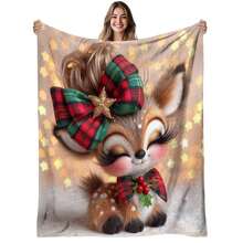 1pc Plush Soft Warm Flannel Blanket - Cute Deer With Red & Green Plaid & Golden Bow, Christmas Bows & Holly Berries, All-Season Cozy Bedspread For Bed, Sofa, Couch - Heavyweight Deer Print Throw (Machine Washable), Christmas Throw Blanket, Christmas Throws - White - View 2