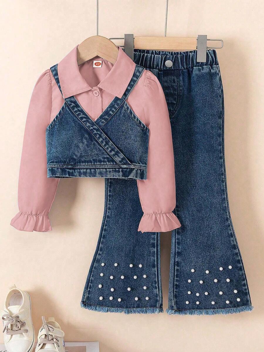 3pcs/Set Girls Solid Color Long Sleeve Shirt + Fashionable Denim Suspender Vest + Fashionable Studded Denim Pants - Pink - View 1