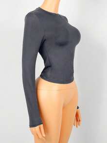 Áo thun nữ dài tay cổ tròn, màu trơn, ôm dáng, gợi cảm, phong cách thường ngày. - Xám - Xem 3