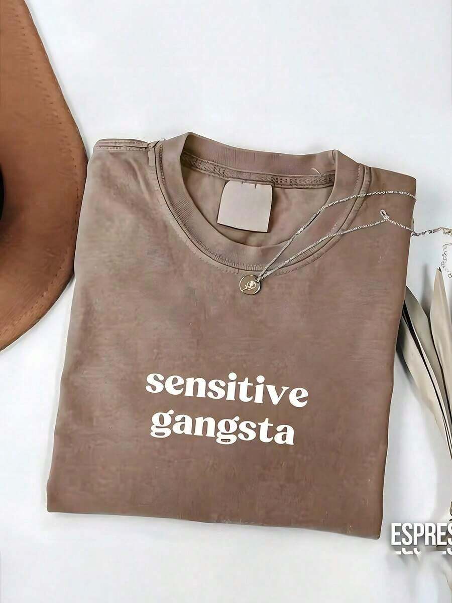 Sensitive Gangsta Quote T-Shirt Meme God Forbid L'm A Sensitive Gangster Graphic Tee,Im A Mommy Mamacita T-Shirt Gift For Her - 卡其色 - 查看 1