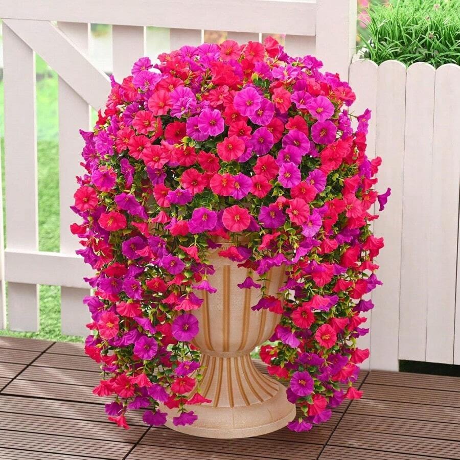 4 Pieces Of Artificial Spring Wedding Hanging Flowers, Spring And Autumn Artificial Flowers, Plastic Decorative Flowers, Garden, Wedding Decoration, Very Suitable For Weddings And Other - Mixed Fuchsia rose red - 查看 1