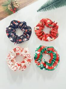 Conjunto de 4 elásticos de cabelo de tecido com elementos natalinos - Papai Noel, listras, floco de neve, sino, boneco de neve e estampa xadrez. Ideais para festas de fim de ano, rabo de cavalo, passeios diários e para um estilo urbano elegante.