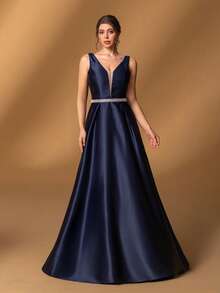 Faeriesty Elegante vestido de la madre de la novia: Escote en V | Sin mangas | Silueta de línea A | Adorno de cintura con rhinestones | Perfecto para bodas, galas formales, cenas de etiqueta, eventos sinfónicos y bailes benéficos