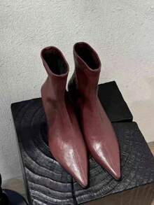 2025新款棕色绒面革尖头细跟踝靴，女鞋，2025秋冬新品，猫跟 - 酒紅色 - 查看 6