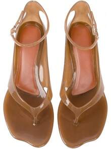 Agodor Jelly Thong Heeled Sandals For Women,Clear Flip Flop Low Kitten Heels For Women Square Open Toe Strappy Summer Casual Beach Adjustable Buckle Dress SandalsChristmas - 黑色 - 查看 5