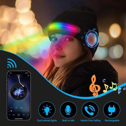 1顶带灯蓝牙针织帽，男女通用，多种可调节照明模式，USB充电LED头灯冬季帽，配有无线耳机，支持免提通话，男女皆宜，适合作为圣诞礼物，冬季保暖帽，可用于滑雪、狩猎、露营、徒步、跑步、钓鱼、遛狗等活动。