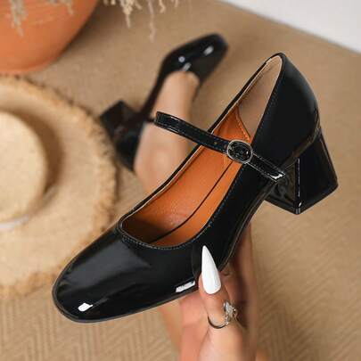 Women's Square Toe Mary Jane Chunky Heel Pumps, School Style Slip-On High Heels