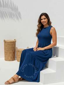 Women's Long Dress With Pleated Skirt, Summer And Winter 502 - Navy Blue - View 2