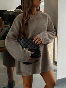 FOR BEAUTY Autumn And Winter New Solid Color Round Neck Simple Loose Casual Long Sleeve Knit Pullover Mid-Length Everyday Fashion, Versatile And Simple For Commuting Sweater Soft And Lazy Style Warm Christmas Top