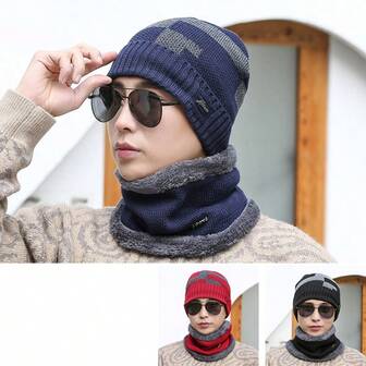 2pcs Men's Winter Hat & Scarf Set, Thick Knitted Earflap Beanie, Warm Windproof Ski Cap, Casual Outdoor Sports Ski Hat
