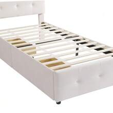 Upholstered Bed 90 X 200 Cm, Slatted Bed With Headboard And Two Drawers, Soft Velvet Fabric, Beige Single Bed, Children's Bed, Junior Bed, Guest Bed (Without Mattress) - Beige - View 11