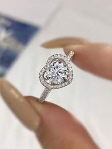 1pc 1ct-2ct Heart-Shaped Openwork Moissanite Wedding Ring, 925 Sterling Silver, Exquisite And Stylish Engagement Ring, Promise Ring, Anniversary Ring, Delicate Ladies' Jewelry Gift, Christmas Gift - Silver - View 3