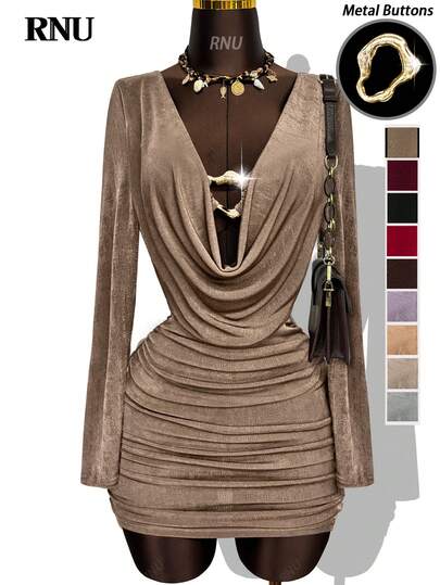 RNU Vestido casual de manga larga con minifalda, de estilo minimalista con escote en la espalda, botones metálicos, detalles de lentejuelas y ajuste elástico, ideal para uso casual, de noche, oficina, conciertos, San Valentín, carnaval, cumpleaños y talla grande ocasiones, con un ajuste ceñido y cómodo para uso diario, de fiesta, viajes y citas