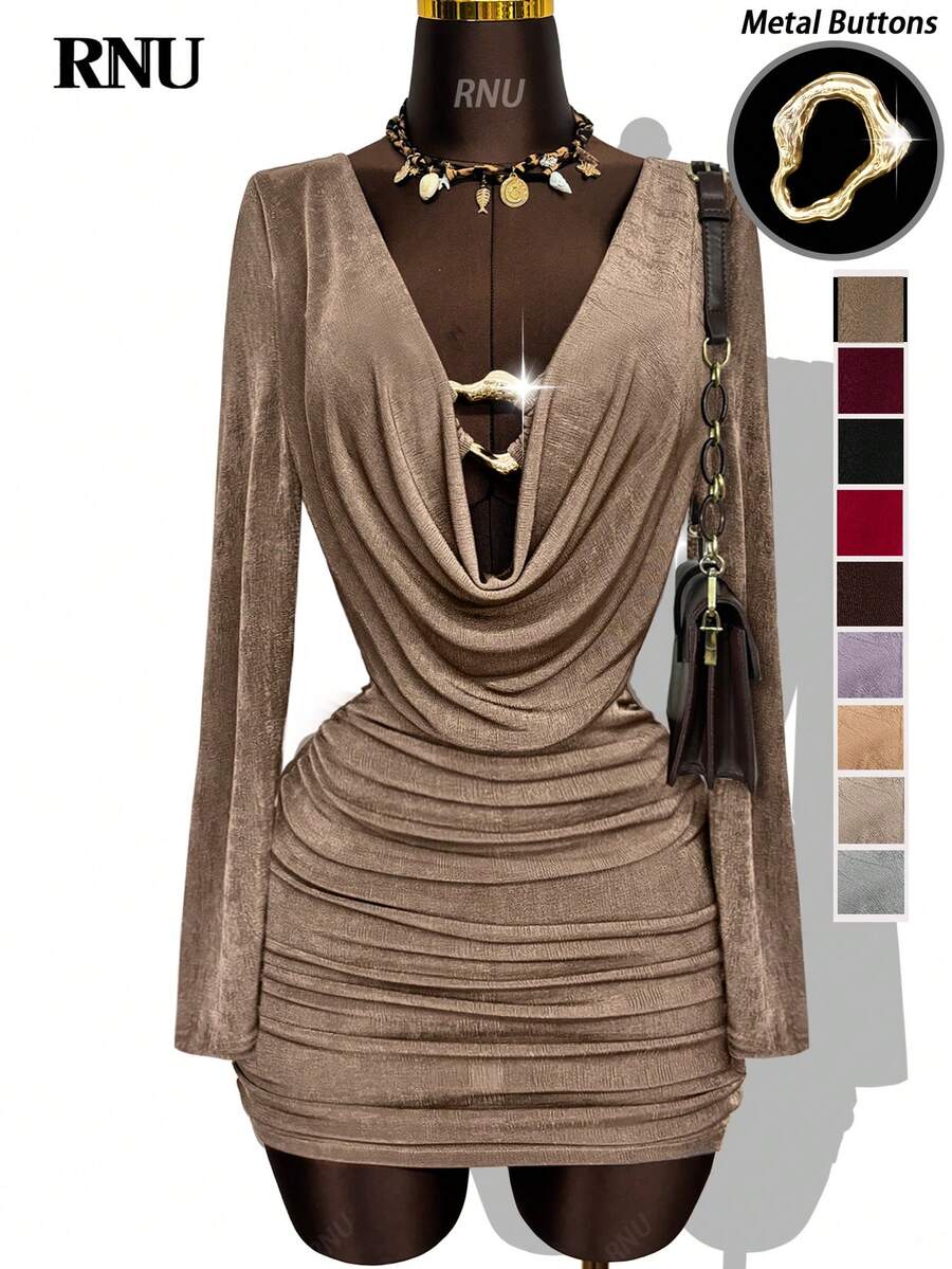 RNU Backless Draped Collar/Metallic Button Hollow/Minimalist Sequin Elastic Fitted Bottom, Women's Casual Nightclub Business Casual Concert Outfit/Office Wear, High Stretch Slim Fit Casual Daily/Valentine's Day/Carnival/New Year Birthday Dress, Sexy Nightclub Party/Street/Vacation/Travel/Date, Long Sleeve New Style Mini Skirt, Spring Summer Autumn Winter - Coffee - View 1