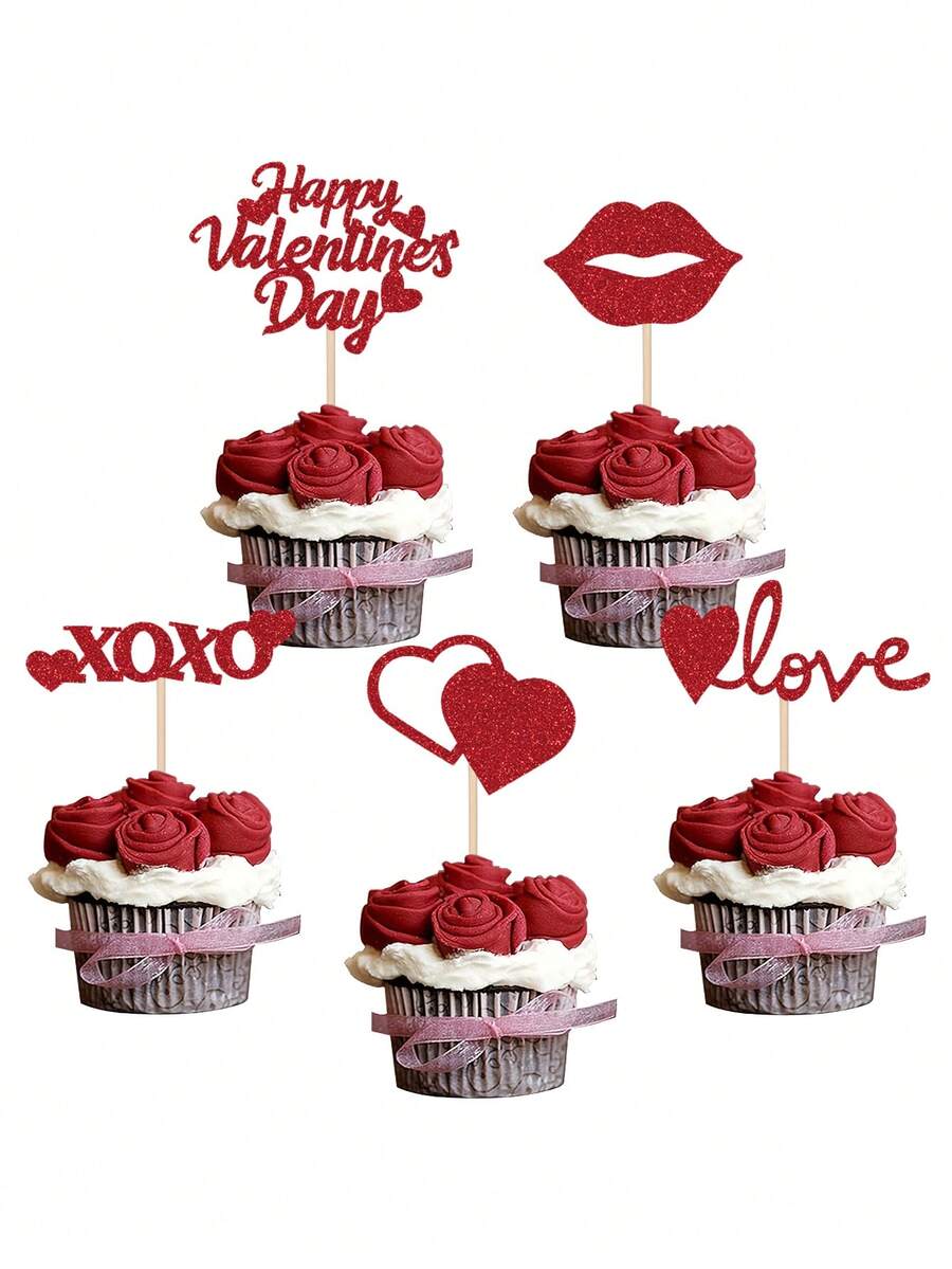 15件套红色/金色情人节蛋糕装饰 - 闪亮爱心、嘴唇、XOXO、LOVE符号蛋糕插牌 - 适用于情人节派对、生日、订婚、婚礼、周年纪念庆祝活动 - 紅色 - 查看 1
