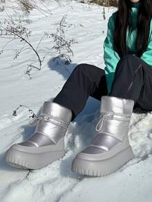 CAMEL CROWN Bread Snow Boots Mid-Tube Thick Sole Cold-Resistant Plus Velvet Thickened Cotton Shoes Women's Short Boots - Silver Gray - View 5