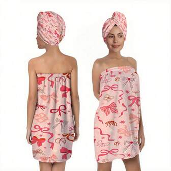 1/2pcs Valentine's Day, Couples And Wedding Ceremony Pink Bow Bathrobe, Sweet Girly Style, Bath Towel, Beauty SPA Towel. The Bathrobe Is In The Shape Of A Strapless Dress, With A Soft And Cozy Bathrobe. The Front Of The Dress Is Decorated With A 3D Pink Big Bow, With An Overall Pink And Eye-Catching Tone. Towel And Hair Dryer Cap Set - Cute Pink Ultra-Fine Fiber Bath Towel, Adjustable Strap - Quick-Drying, Suitable For Spa, Dorm, Beach And Other Occasions, A Great Gift For Her.