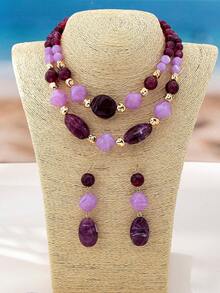 3pcs/Set Fashionable High-End Asymmetrical Geometric Acrylic Beads Chain Necklace & Earrings Set, Suitable For Women's Daily And Party Outfits - Purple - View 2