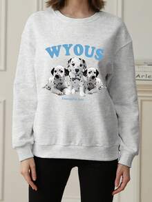 秋冬季新款 Z 时代时尚 Y2K 风女款圆领卫衣，可爱波点狗狗印花上衣 - 淺灰色 - 查看 2