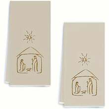 Christmas Nativity 2pcs Hand Towels/Festive Polyester Tea Towels With Mary, Joseph & Youngsters Design/Machine Washable/Ideal For Kitchen & Bathroom Decor/Christmas Decorations