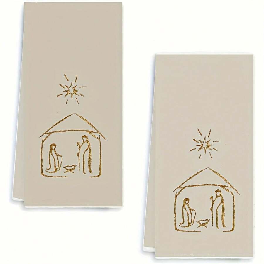 Christmas Nativity 2pcs Hand Towels/Festive Polyester Tea Towels With Mary, Joseph & Youngsters Design/Machine Washable/Ideal For Kitchen & Bathroom Decor/Christmas Decorations