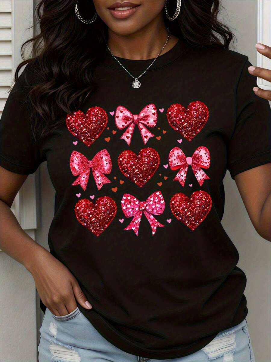 Valentine Hearts And Bows Sequin Print Women's White T-Shirt Cute Romantic Design For Valentine's Day - 黑色 - 查看 1
