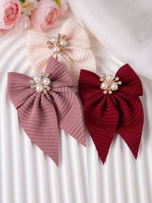 10pcs Girls Pearl Rhinestone Fabric Bow Hair Clips, Minimalist Side Bangs Clips, Alligator Hair Clips, Back To School Hair Accessories, Suitable For Daily Use - Multicolor - View 4