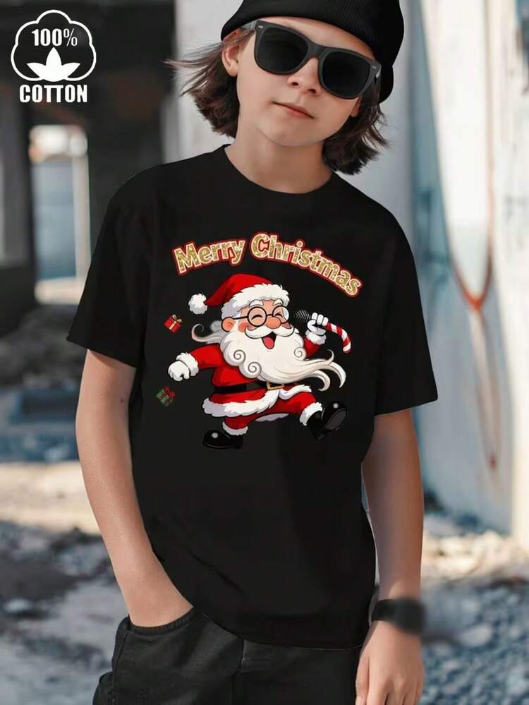 Esta nueva camiseta de manga corta para niñas, 100% algodón, luce un estampado navideño y un corte holgado, informal y versátil. Confeccionada con un tejido suave y delicado con la piel, es suave con la piel sensible de tu hija, permitiéndole moverse con libertad y comodidad durante las reuniones familiares navideñas, los eventos escolares o los juegos al aire libre. - Negro - Añade 1