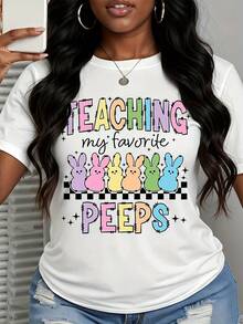 Camiseta de mujer con estampado de conejito de Pascua para enseñar, casual para primavera, ideal para maestras y celebraciones de Pascua - Blanco - Ver 2