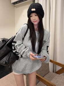 Women's Loose Design Print Warm Sweatshirt Tops, Korean Style, Winter - Grey - View 2