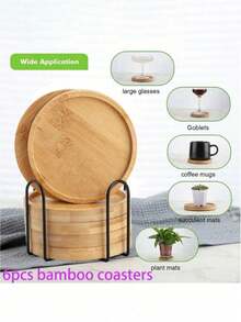 6pcs Bamboo Coaster Set With Holder - Natural Wooden Coasters, Protect Tabletop From Water Stains And High Temperature, Ideal For Home/Bar/Kitchen Decor - Multicolor - View 4