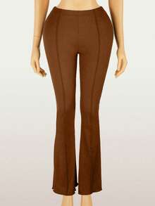 Women's Basic Ruffle Hem Flared Pants, Office Business Casual Leggings, Autumn - Brown - View 2