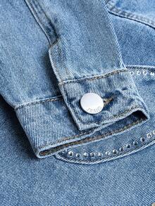 Girls' Distressed Denim Jacket With Rhinestone Embellishments, Cropped Length, Fringed Design, Suitable For All Seasons