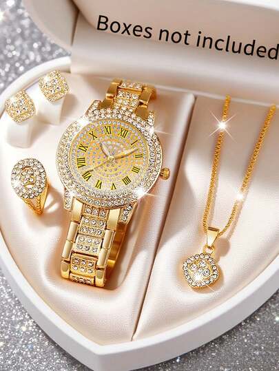 5pcs Elegant Women's Quartz Watch Set, Luxury Women's Full Diamond Gold Jewelry Watch Set With Gold Metal Strap, Includes Matching Diamond Earrings, Ring And Necklace
