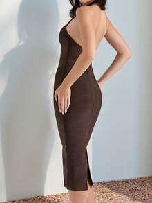 1 chiếc đầm dệt kim màu trơn thanh lịch, hở lưng, dây chéo, thích hợp cho tiệc tùng, đi biển, kỳ nghỉ, mọi mùa hè. - Màu nâu tối - Xem 3