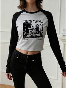 秋冬新款女式小码修身拼色圆领休闲印花T恤，简约百搭长袖上衣 - 黑灰 - 查看 2